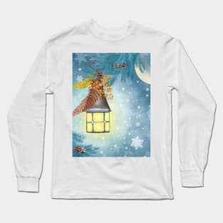 Antique streetlight and snowflakes watercolor illustration. Magic winter moon night. Autumn leaves, snow pine tree branch Long Sleeve T-Shirt